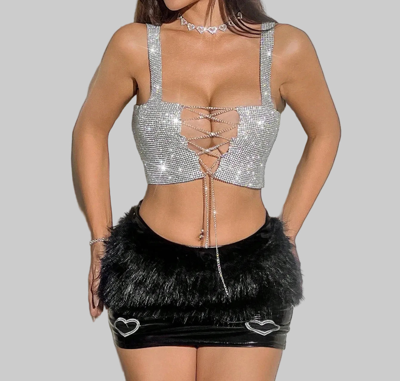 Rhinestone Metal Chain Crop Top - Backless V-Neck Camisole