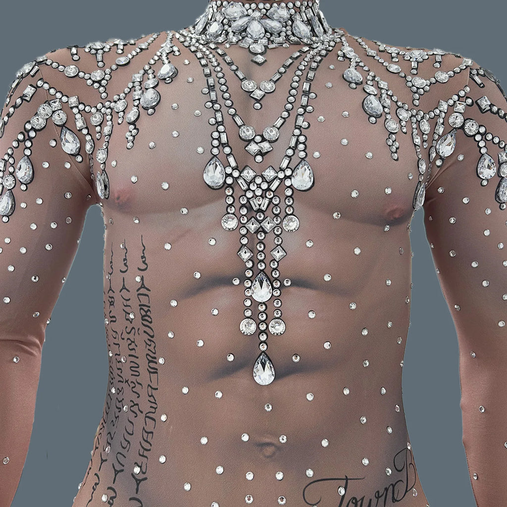Men's Rhinestone Mesh Jumpsuit | Crystal Bodycon | Stage & Nightclub | One Size