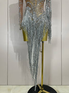 Rhinestone Mesh Tassel Dress | Sleeveless | Singer Stage