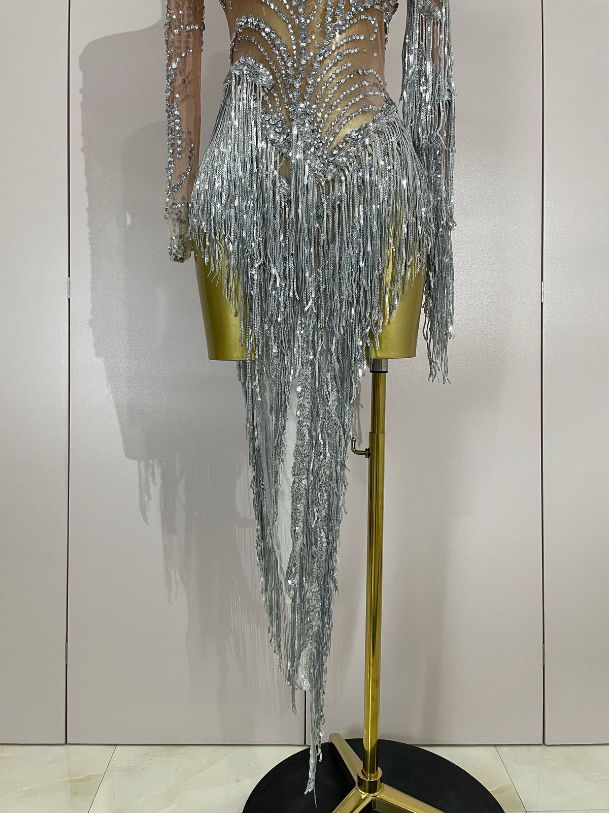 Rhinestone Mesh Tassel Dress | Sleeveless | Singer Stage