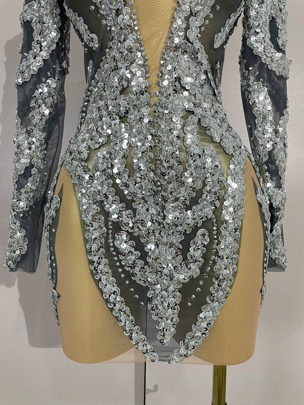 Rhinestone Mesh Long Sleeve Mini Dress | Sparkle | Stage