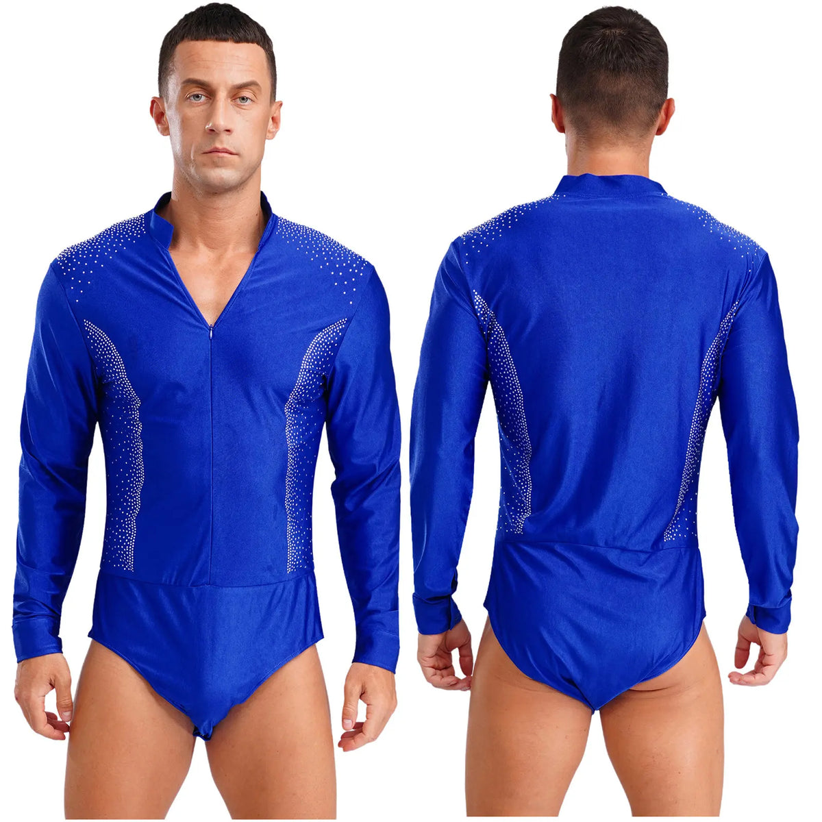 Men's Rhinestone Dance Leotard | Deep V-Neck & Velvet Mesh Patchwork | Long Sleeve