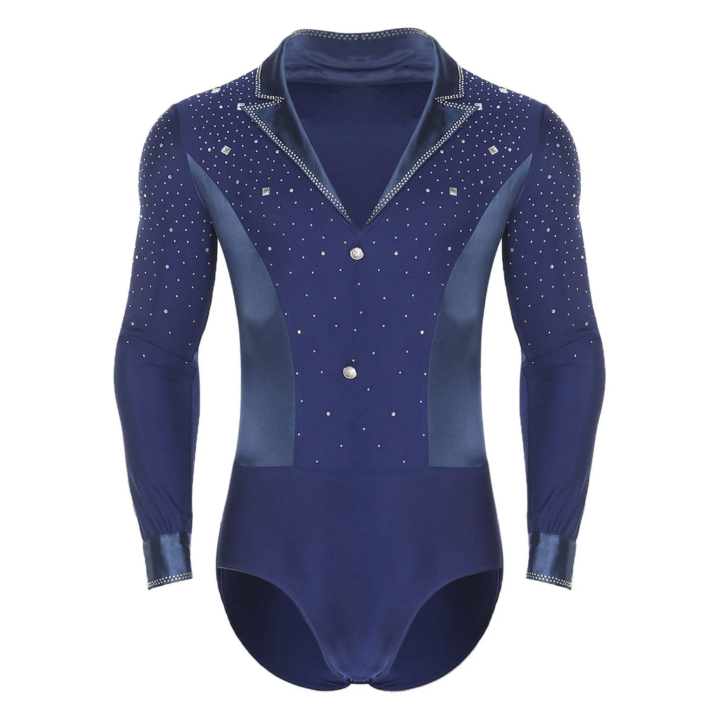 Men's Rhinestone Dance Leotard | V-Neck Lapel & Long Sleeve | Snap Crotch