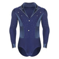 Men's Rhinestone Dance Leotard | V-Neck Lapel & Long Sleeve | Snap Crotch