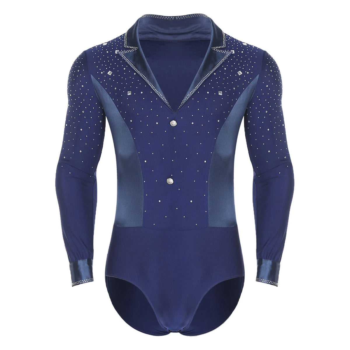 Men's Rhinestone Dance Leotard | V-Neck Lapel & Long Sleeve | Snap Crotch