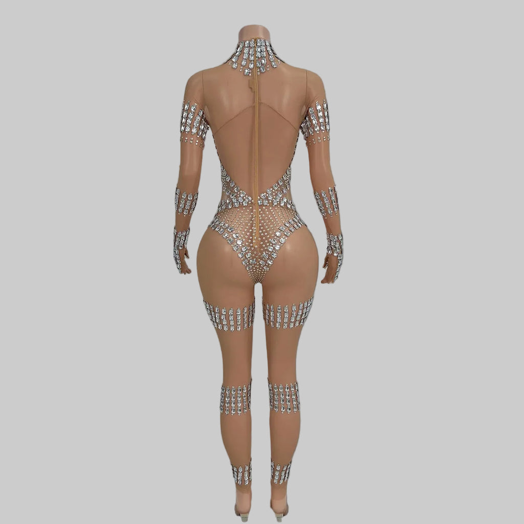 Crystal Rhinestone Mesh Jumpsuit - Sheer Performance Catsuit for Stage & Dance
