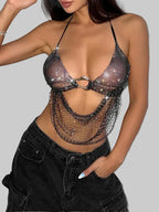 Elastic Mesh Rhinestone Halter Crop Top - Deep V Backless Tank