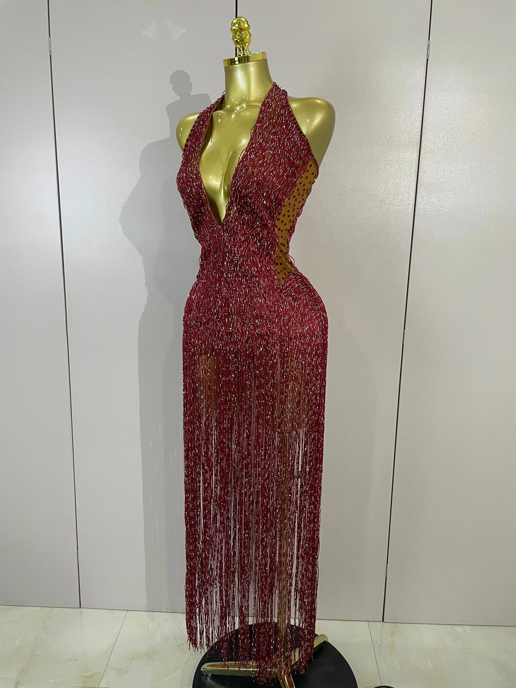 Rhinestone Fringe Halter Gown | Deep V | Burgundy