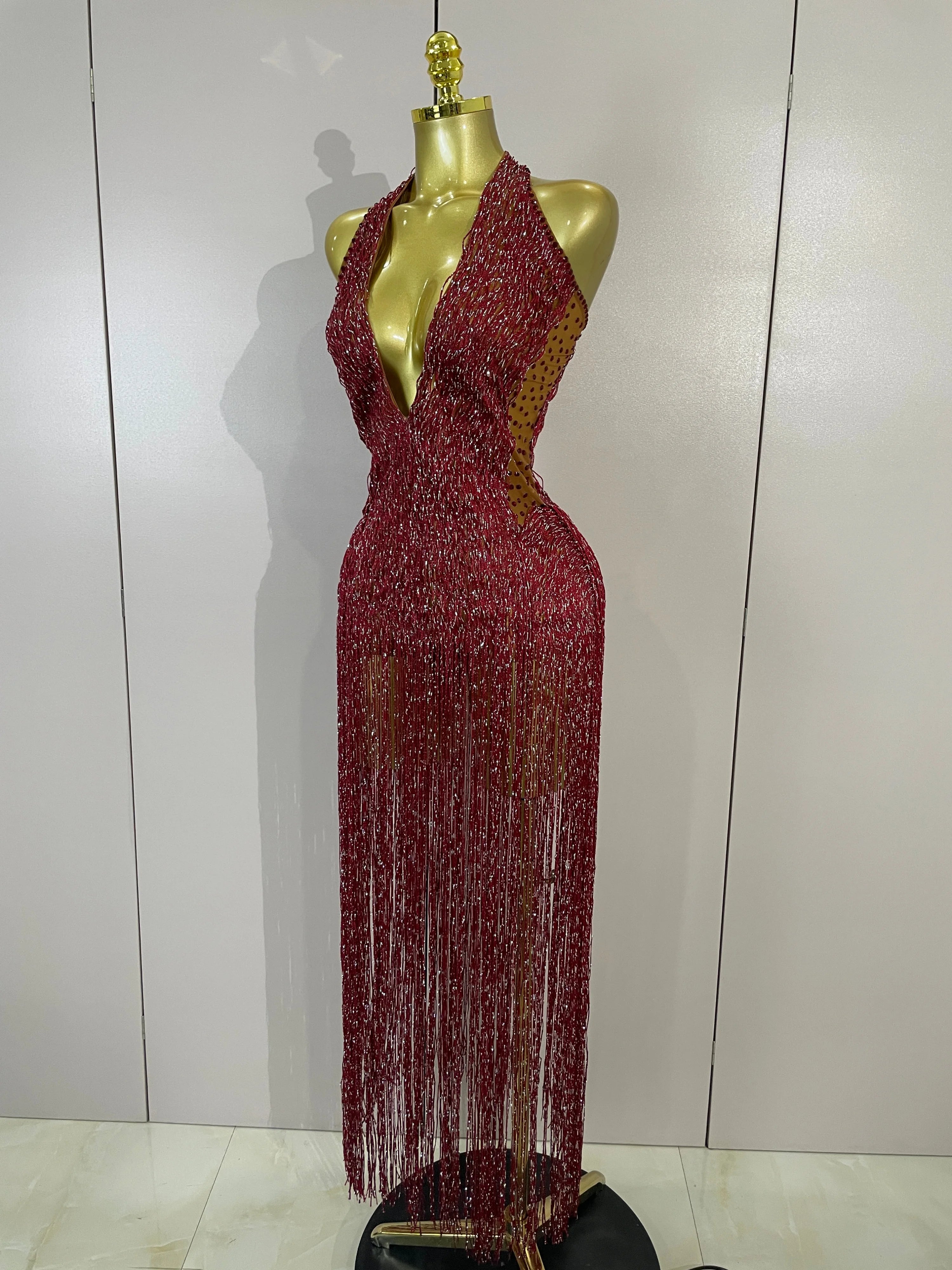 Rhinestone Fringe Halter Gown | Deep V | Burgundy