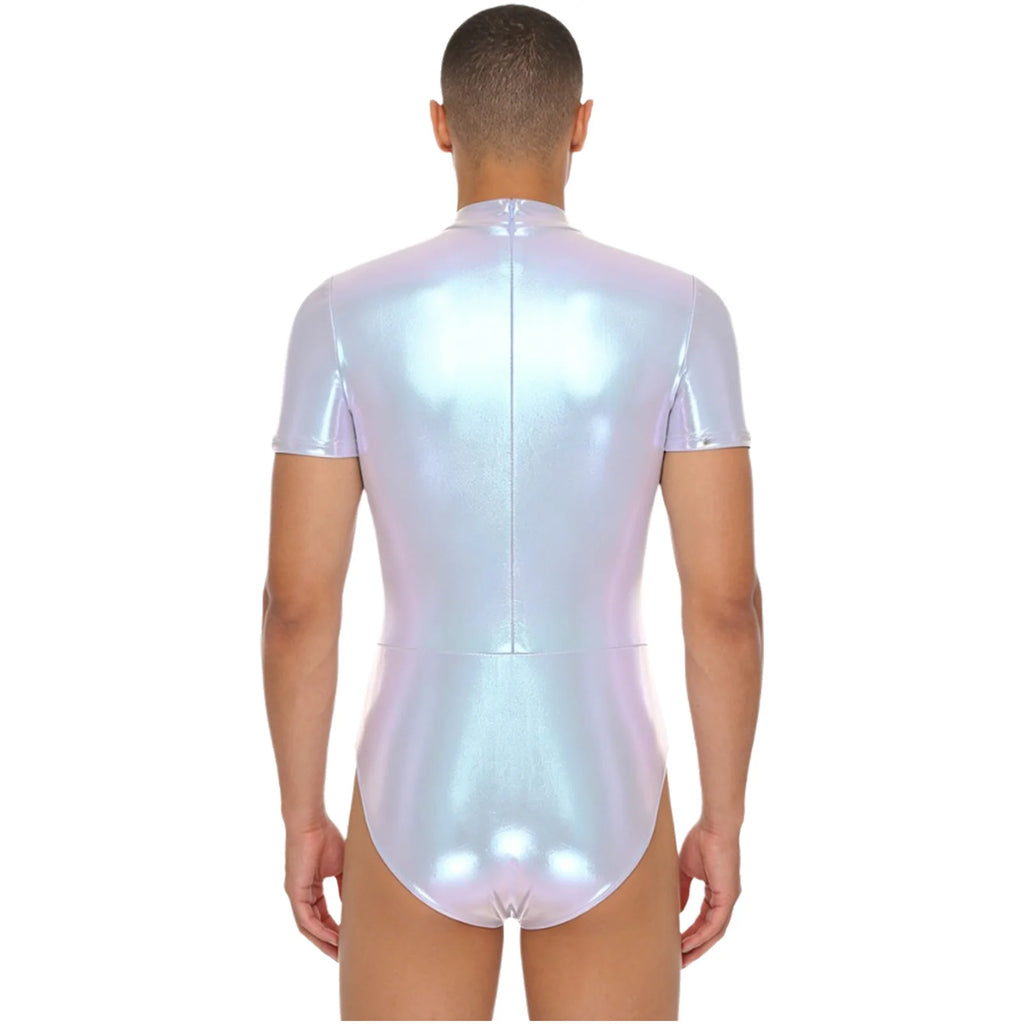 Men's Metallic Dance Bodysuit | Short Sleeve Mock Neck | Back Zipper | Stage Performance
