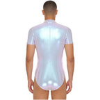 Men's Metallic Dance Bodysuit | Short Sleeve Mock Neck | Back Zipper | Stage Performance