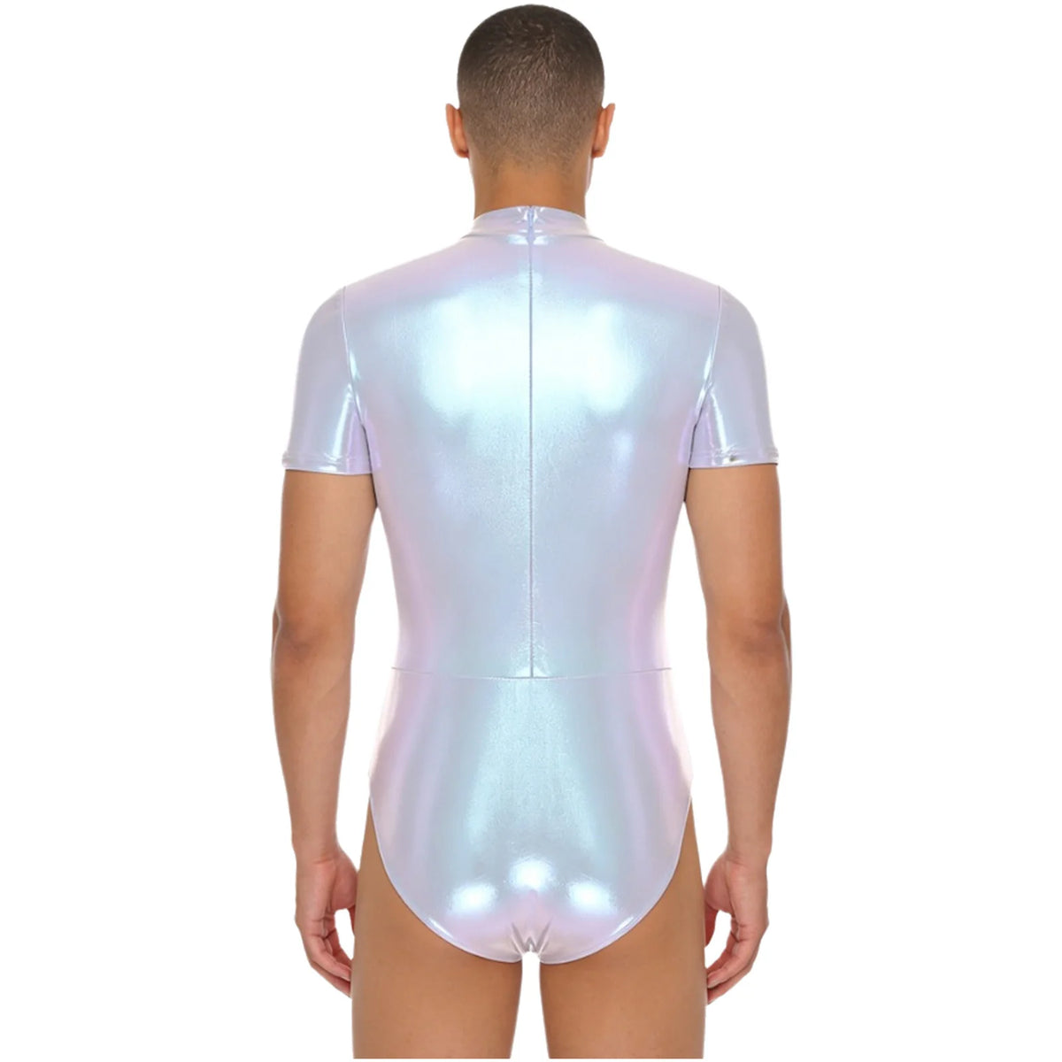 Men's Metallic Dance Bodysuit | Short Sleeve Mock Neck | Back Zipper | Stage Performance