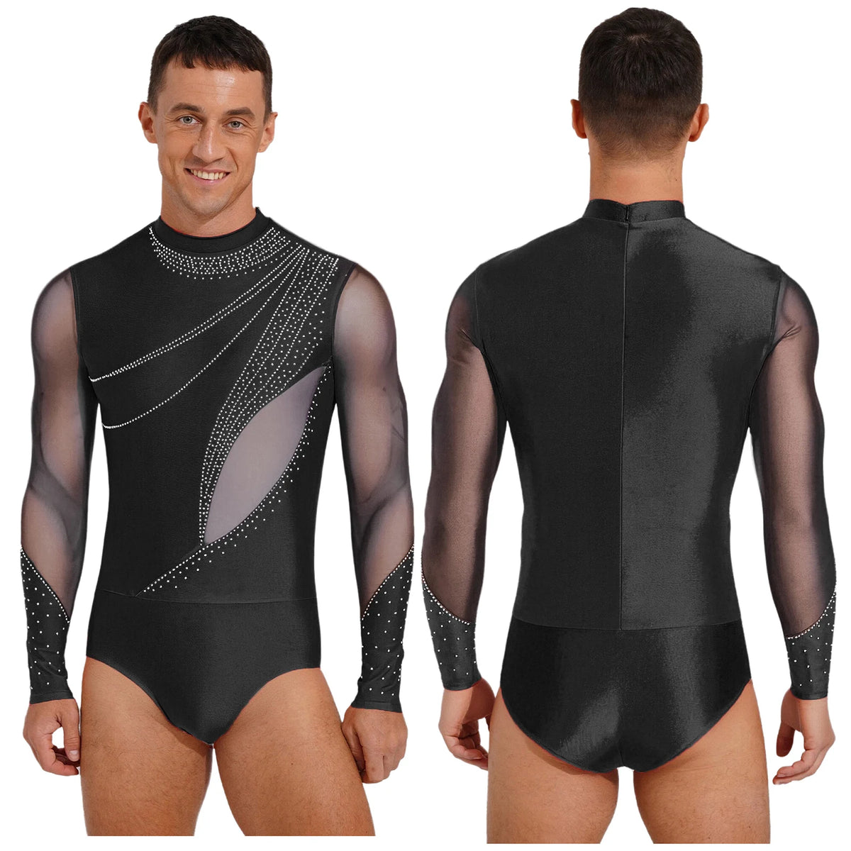 Men's Rhinestone Leotard | Mock Neck & Diagonal Sheer Mesh Panel | Long Sleeve
