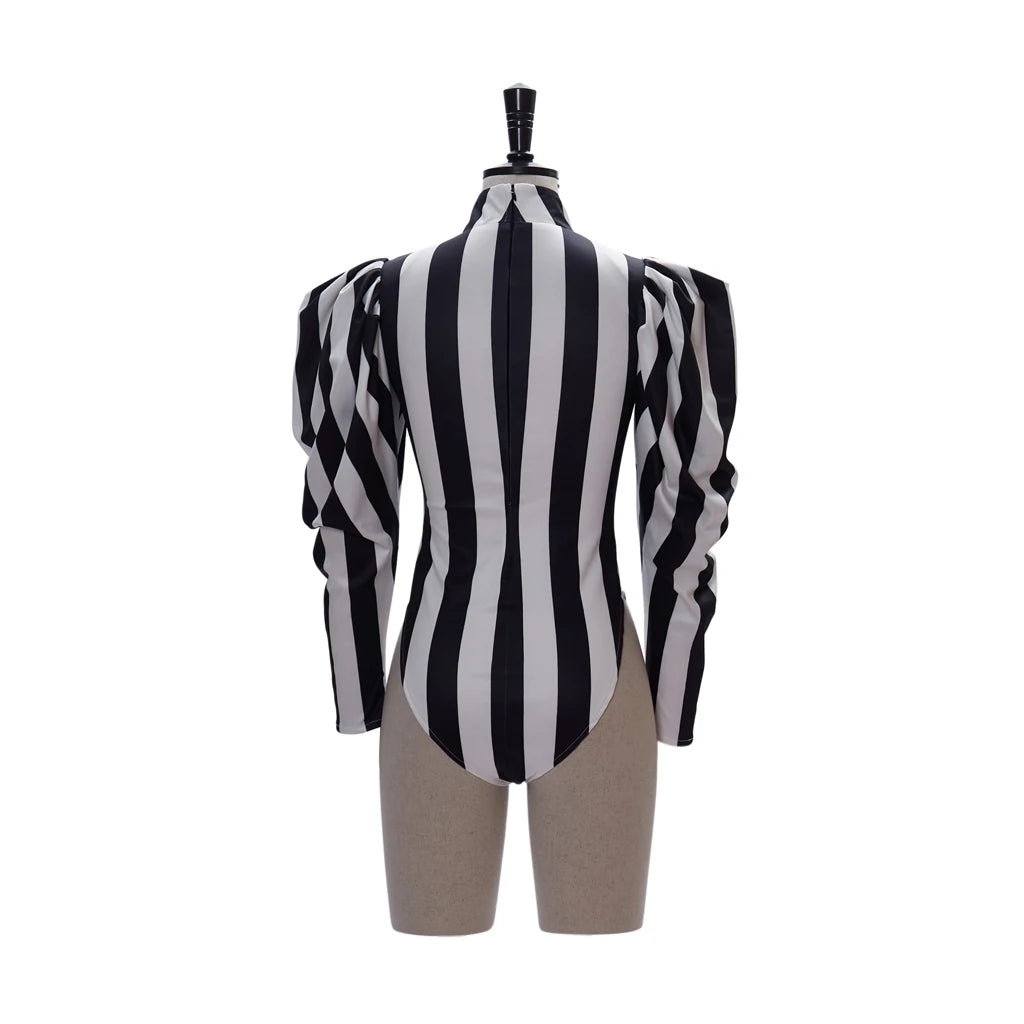 Striped Gothic Bodysuit | High Neck | Puff Sleeve