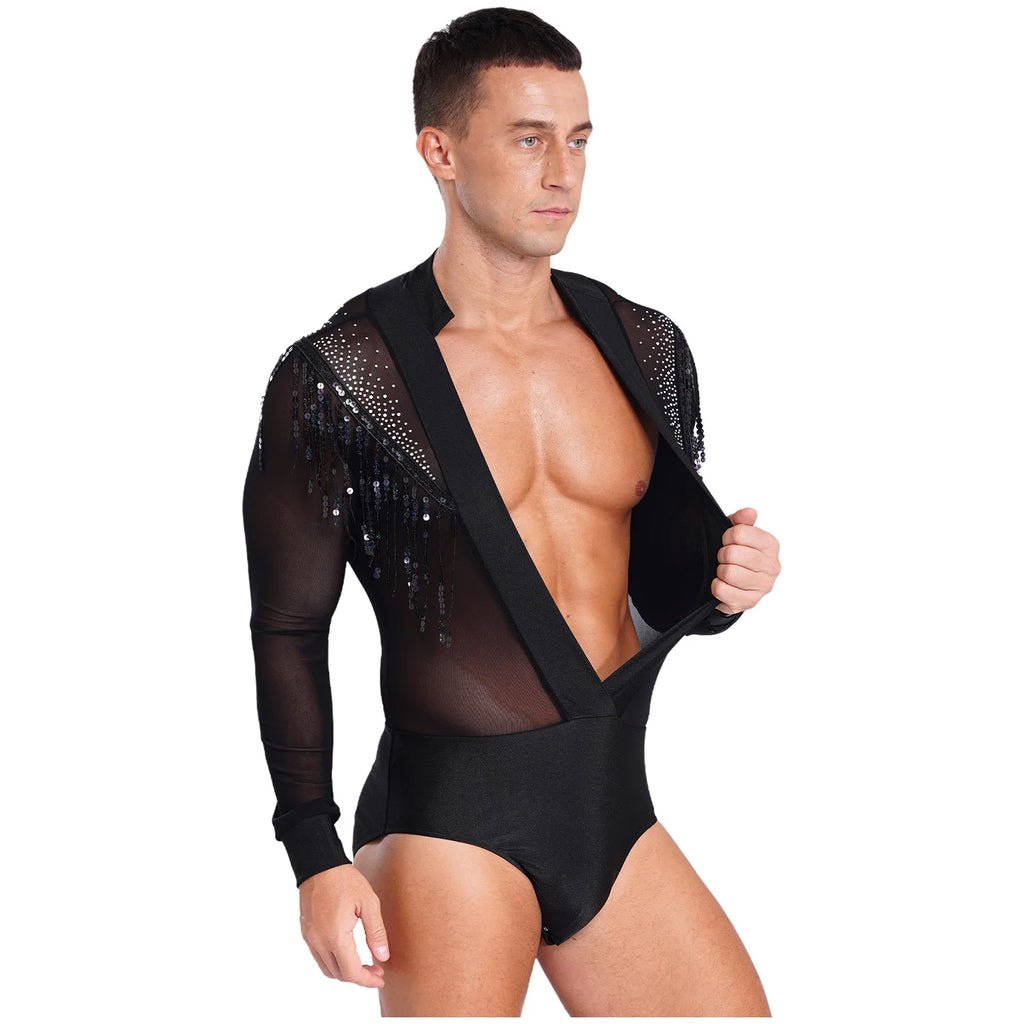 Men's Latin Dance Leotard | Deep Plunge V-Neck & Sheer Mesh Back | Tassel Detail