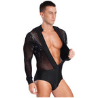 Men's Latin Dance Leotard | Deep Plunge V-Neck & Sheer Mesh Back | Tassel Detail