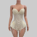Pearl Beading Halter Bodysuit - Luxury Backless Performance Wear for Singers & Dancers