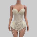 Pearl Beading Halter Bodysuit - Luxury Backless Performance Wear for Singers & Dancers
