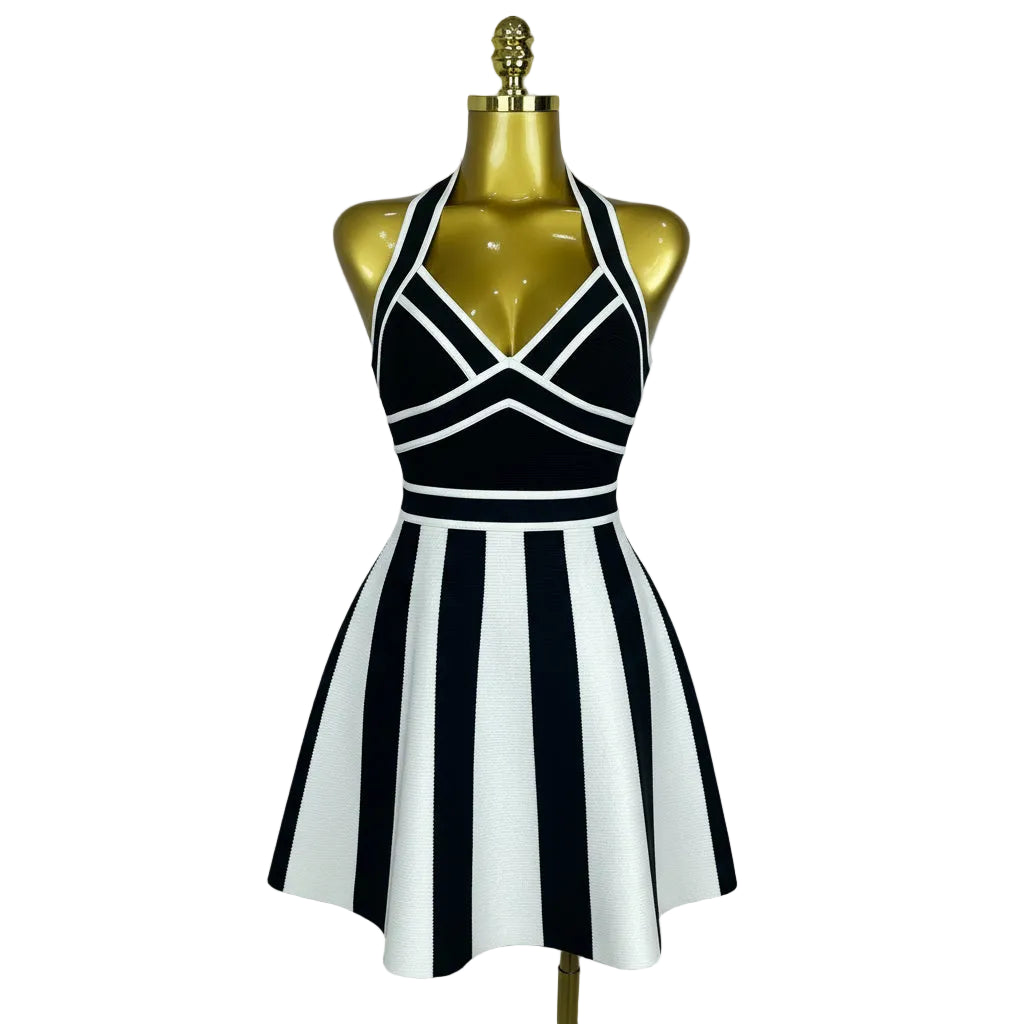 Stripe Halter Bandage Dress | Black & White | Mini