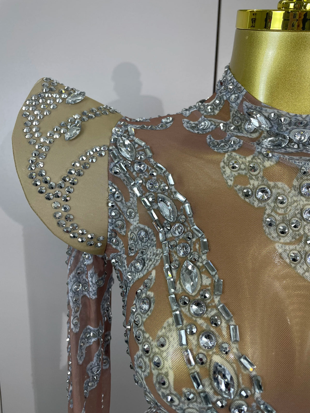 Rhinestone Mesh Mini Dress | Long Sleeve | Singer Stage