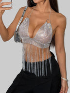 Rhinestone Mesh Metal Chain Tassel Halter Crop Top