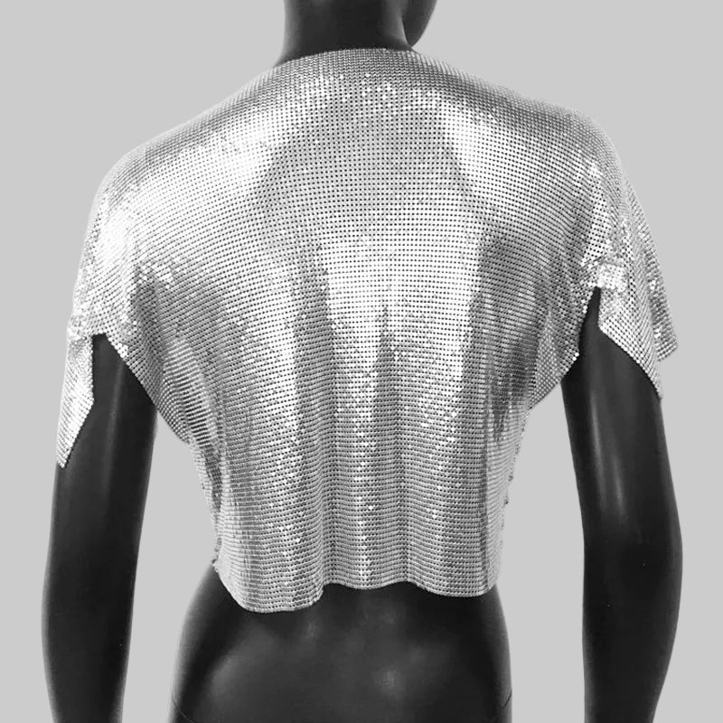 Metal Sequin Crop Cardigan - V-Neck Festival Performance Top