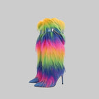 Colorful Fur Knee-High Boots - Stiletto Heel Runway Boots