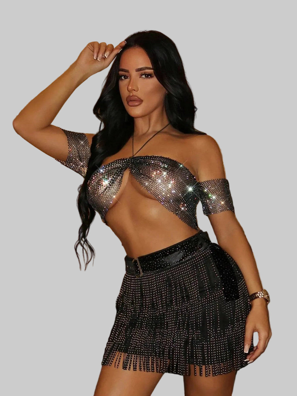 Glitter Rhinestone Halter Crop Top - Sheer Backless Tank