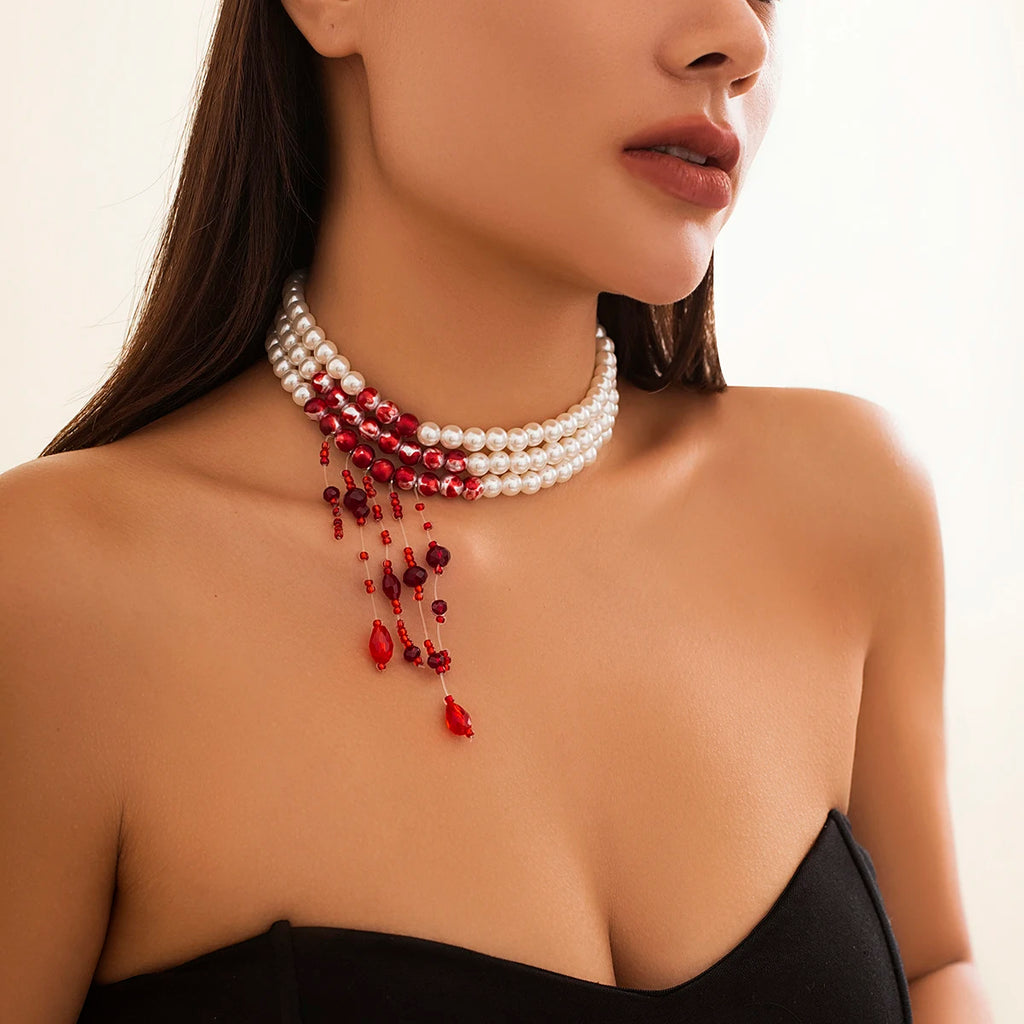 Pearl Choker | Red Crystal Drops