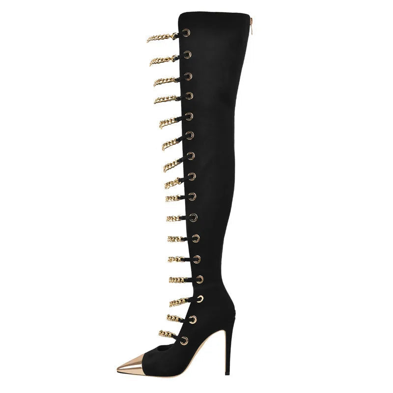 Thigh-High Chain Boots | Hollow Cut Suede | Stiletto Heel