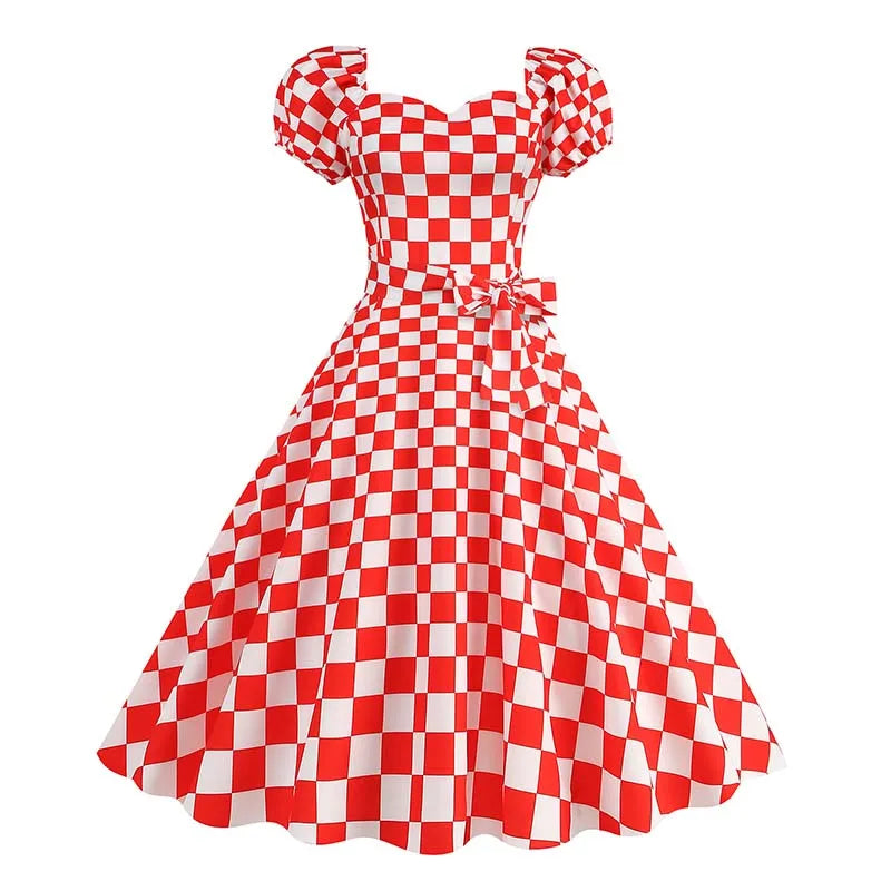 Vintage 50s A-Line Dress | Puff Sleeve | Plaid & Polka Dot