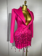 Deep V Blazer Mini Dress | Crystal Fringe Hem | Long Sleeve