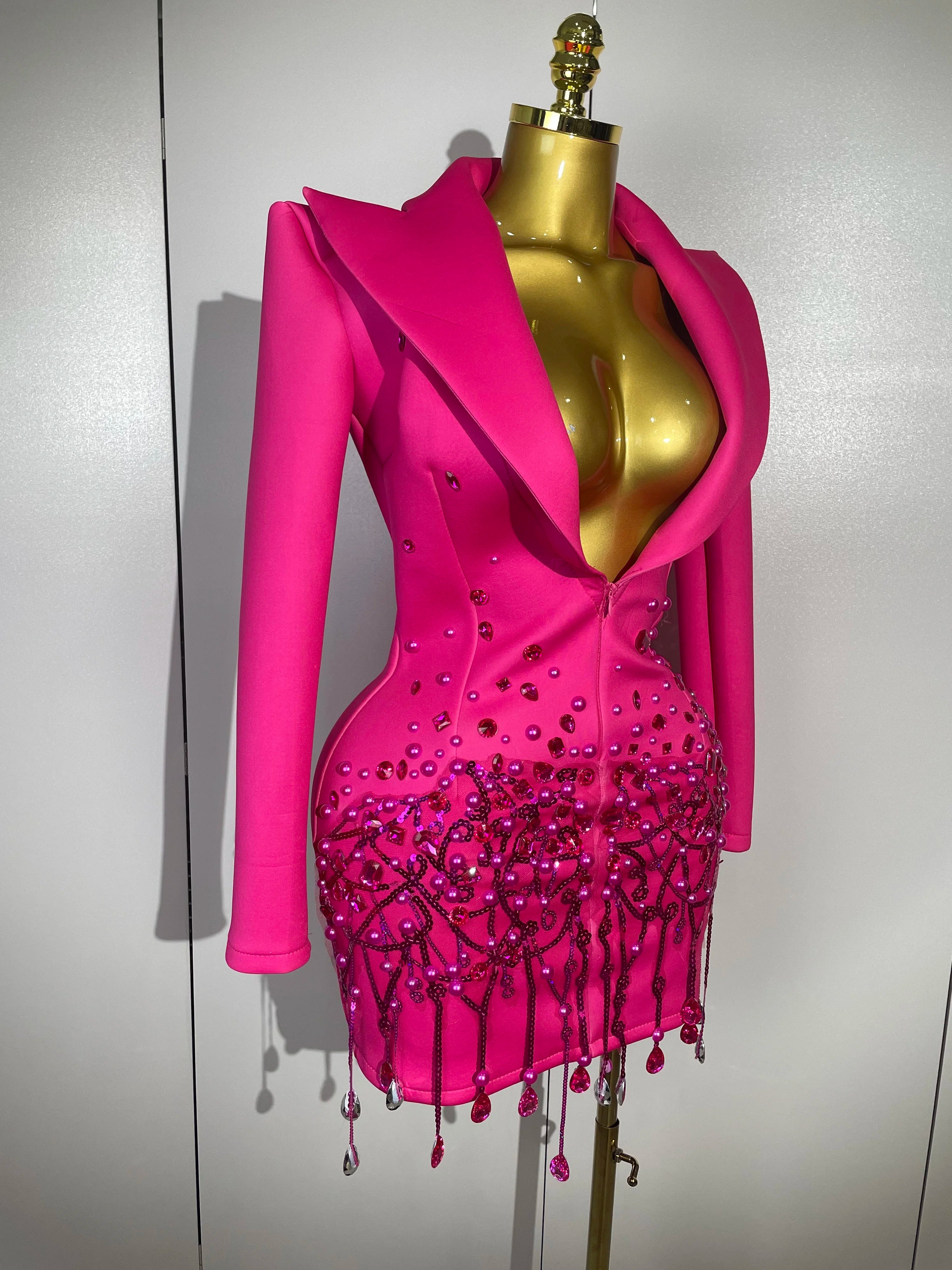 Deep V Blazer Mini Dress | Crystal Fringe Hem | Long Sleeve