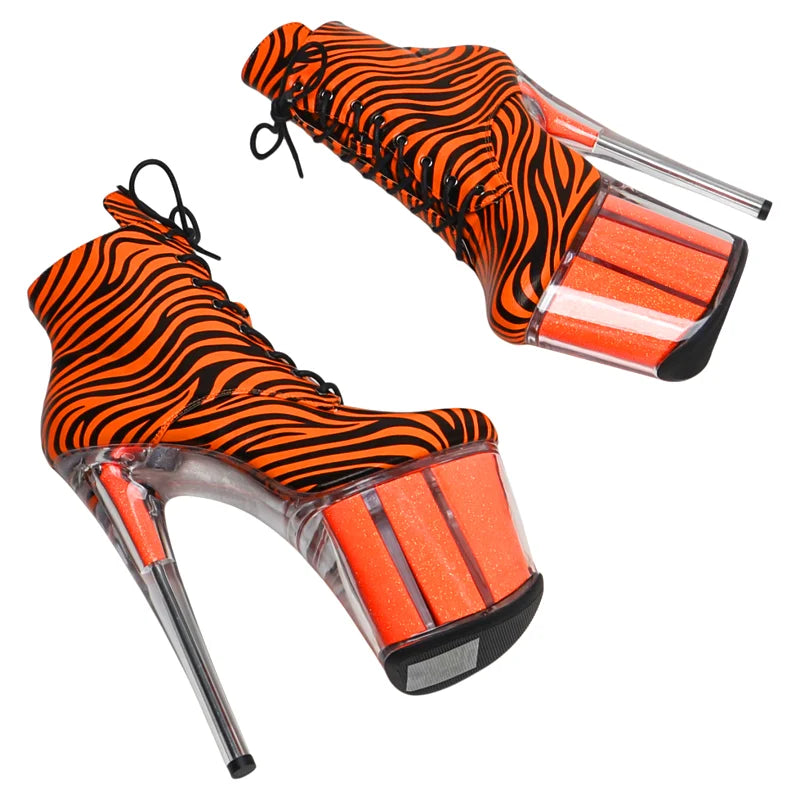 8-Inch Zebra Print Transparent Ankle Boots - Platform Dance Boots