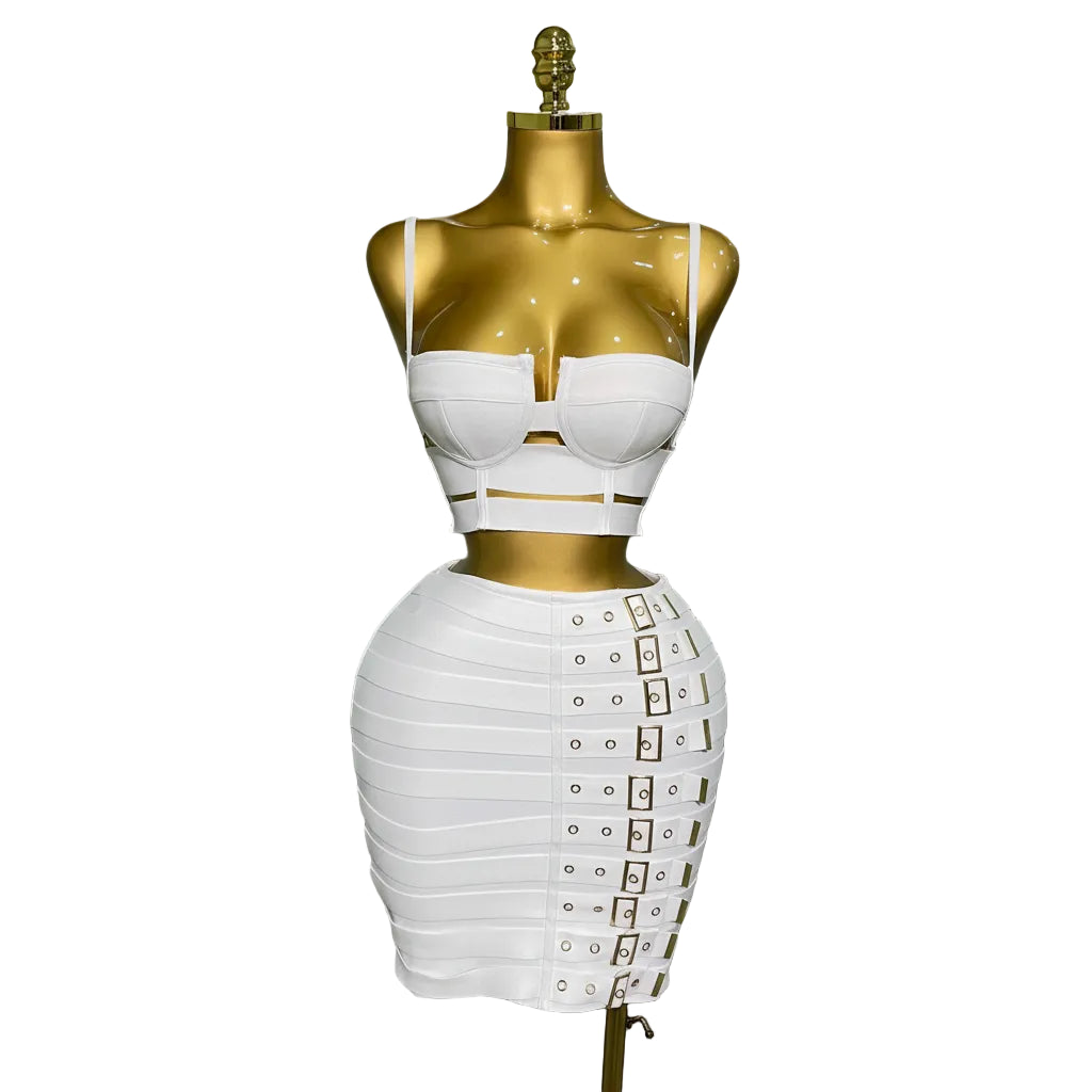 Bandage Two-Piece Set | Crop Top & Pencil Skirt | Gold Hardware