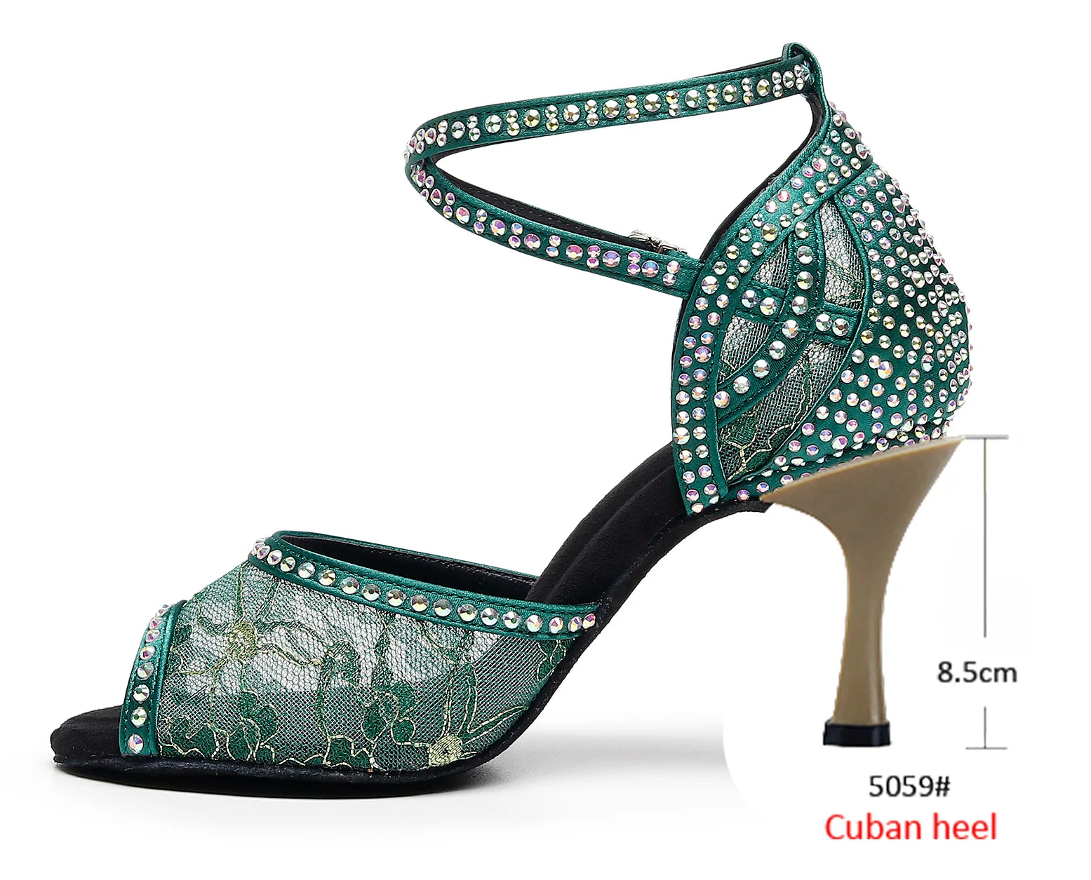 Rhinestone Lace Mesh Latin Dance Heels | Red & Green | 6–10cm