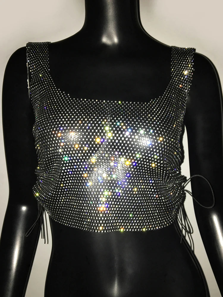 Rhinestone Mesh Fishnet Crop Top - Side Bandage Tank