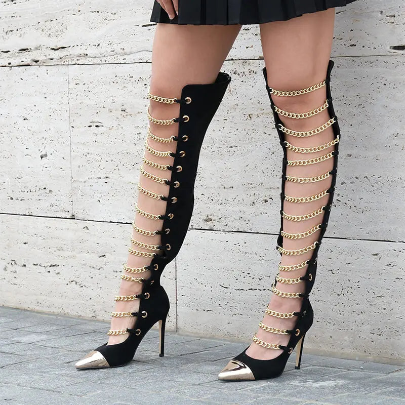 Thigh-High Chain Boots | Hollow Cut Suede | Stiletto Heel