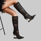 Hollow-Out Knee-High Boots - Patchwork Design with Metal Toe Cap