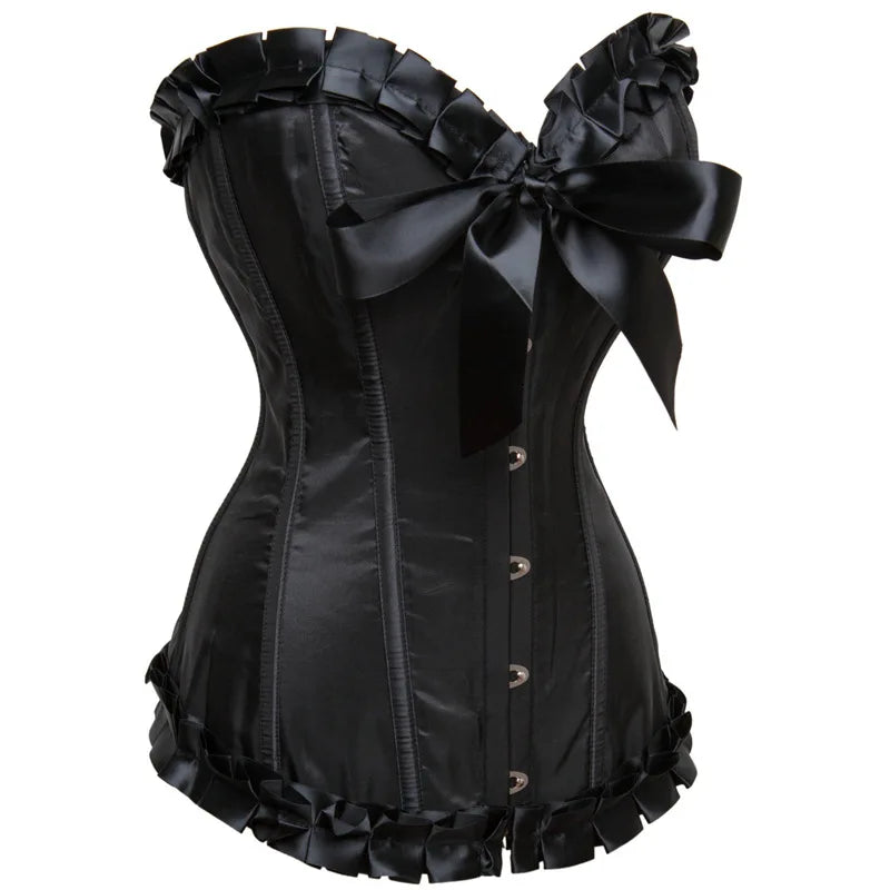 Ruffled Burlesque Corset | Bow & Lace Trim | Black & Red