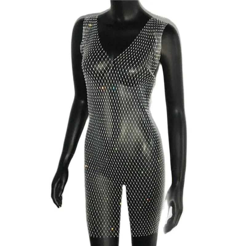 Crystal Fishnet Mini Dress - Rhinestone Mesh Party Dress