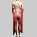 Red Fringe Rhinestone Jumpsuit - Long Sleeve Stretch Leotard for Pole Dance & Stage