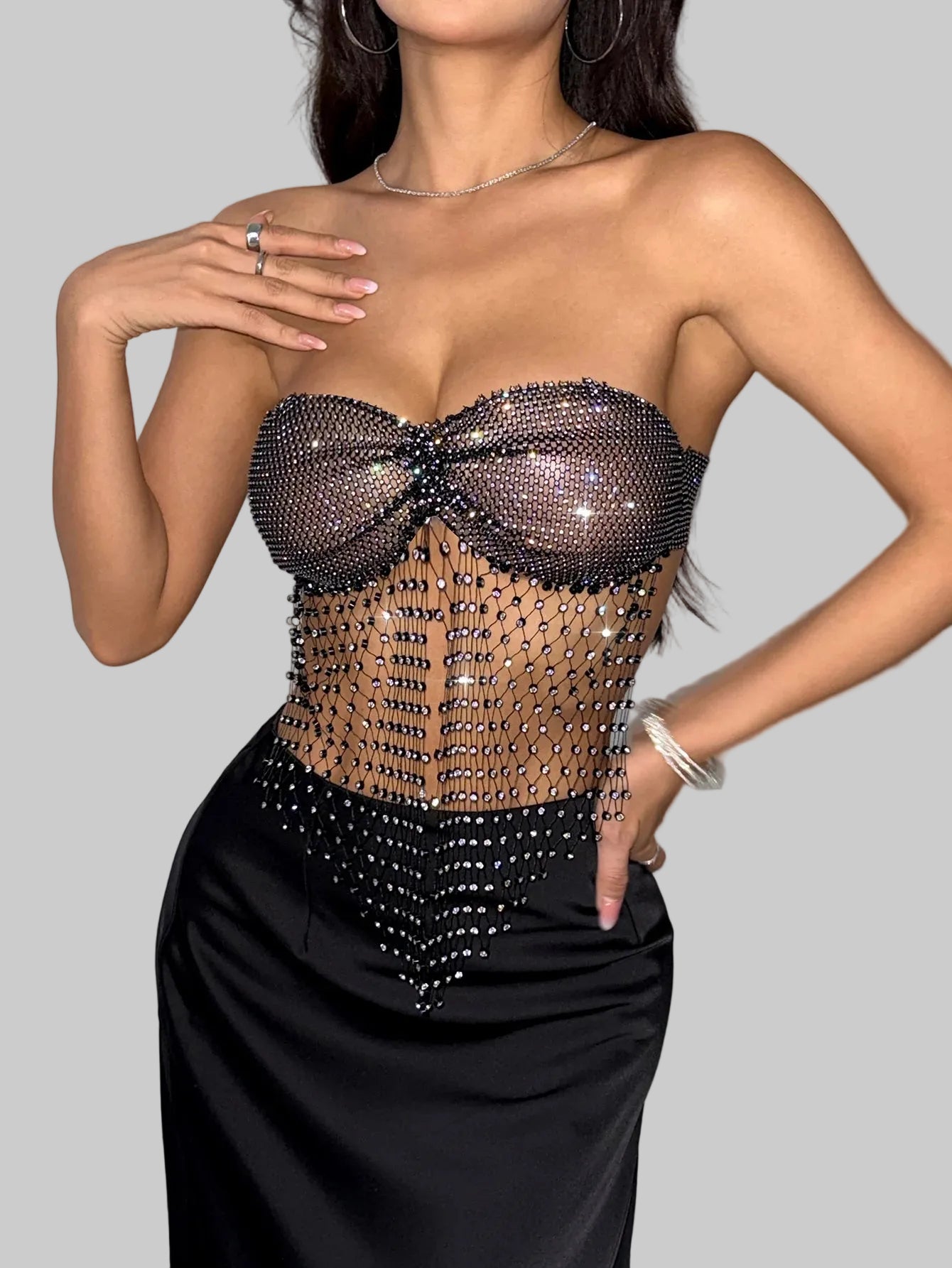 Rhinestone Mesh Bandage Tube Top - Backless Sheer Crop Top