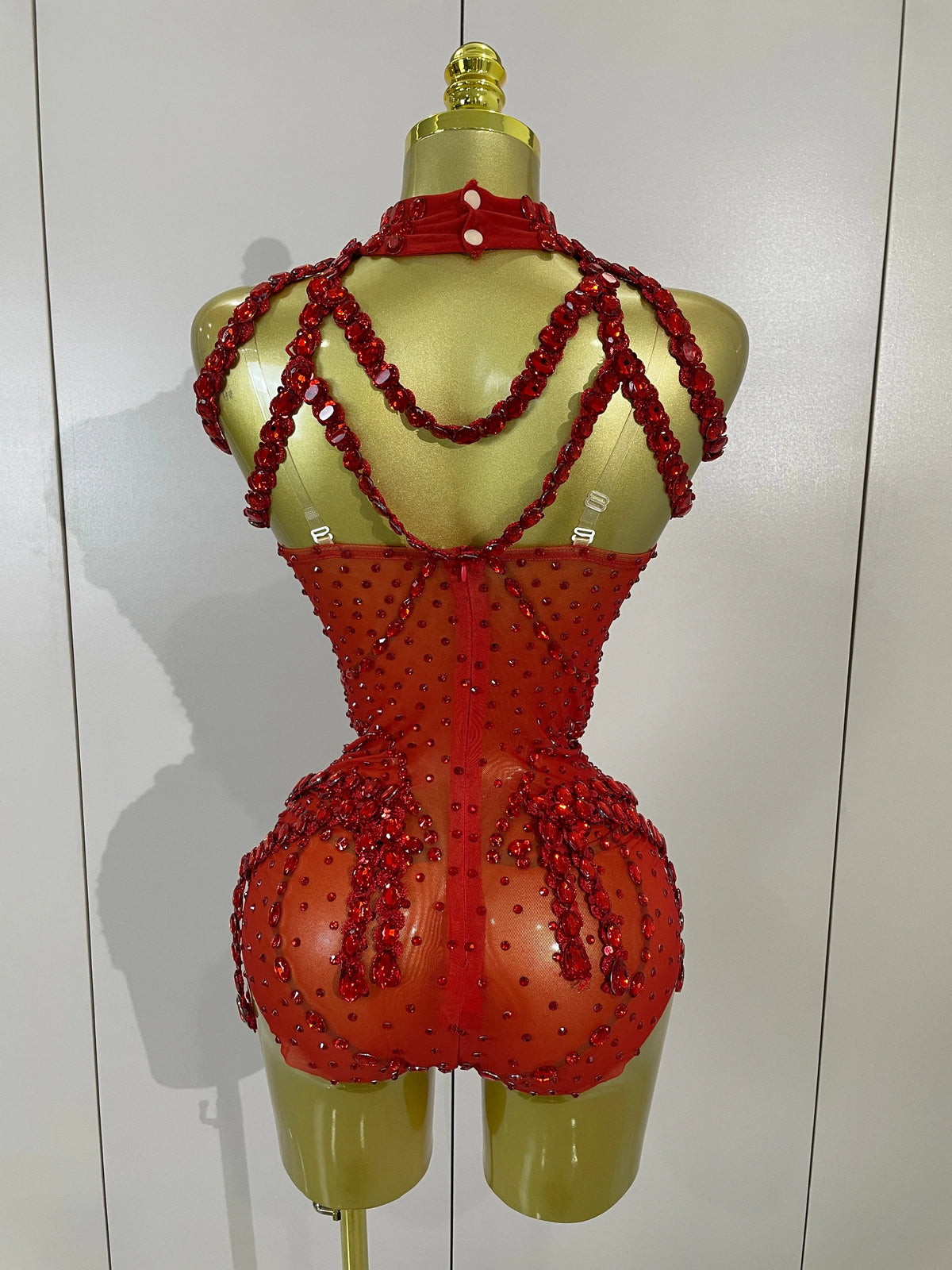 Rhinestone Harness Bodysuit | Garter Straps | Red