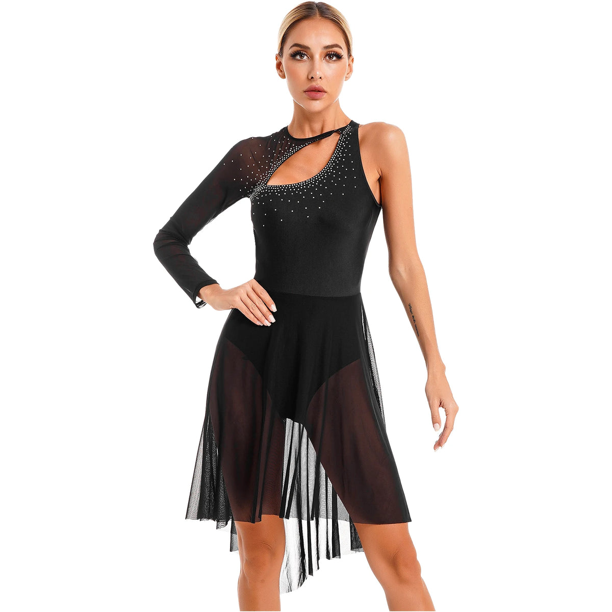 Women's Color-Block Flare Sleeve Dance Dress | Asymmetric Mesh Hem & Built-In Briefs