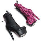 17cm Black Fuchsia Leopard Ankle Boots - Platform Party Dance Boots