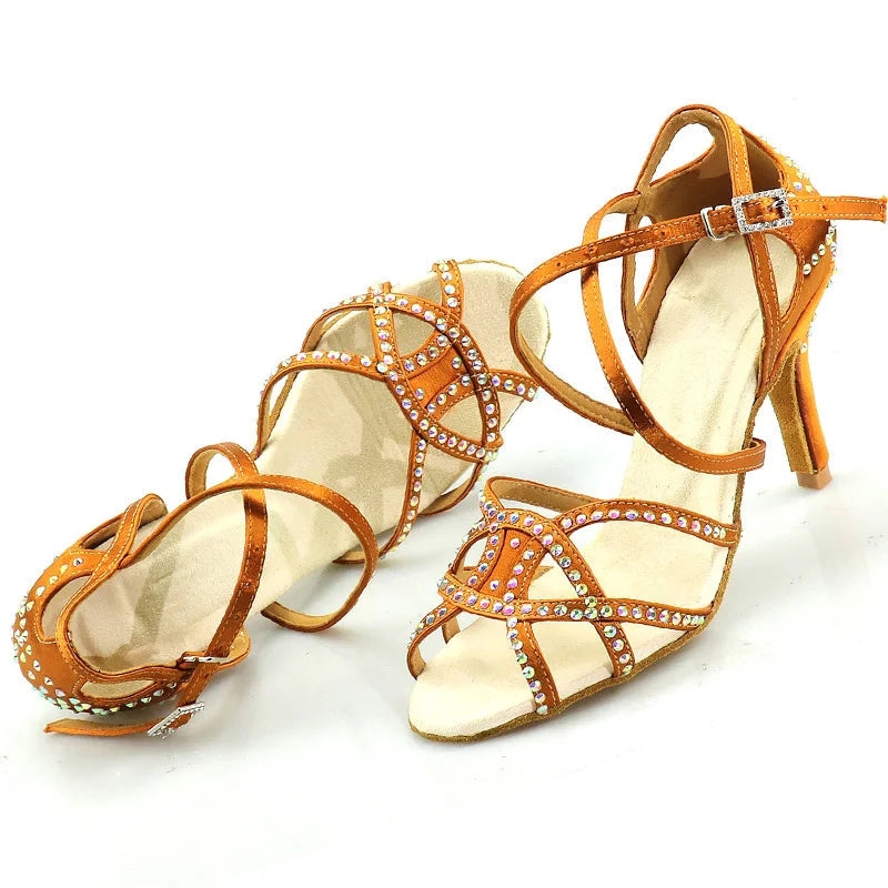 Bronze Rhinestone Latin Dance Heels | Satin | 5–10cm