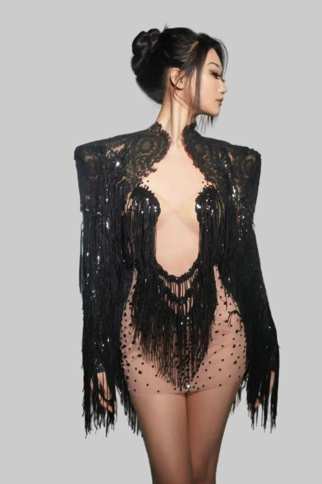 Sparkly Rhinestone Sequin Tassel Dress & Jacket — 2‑Piece Performance Set