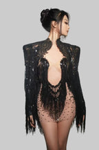 Sparkly Rhinestone Sequin Tassel Dress & Jacket — 2‑Piece Performance Set