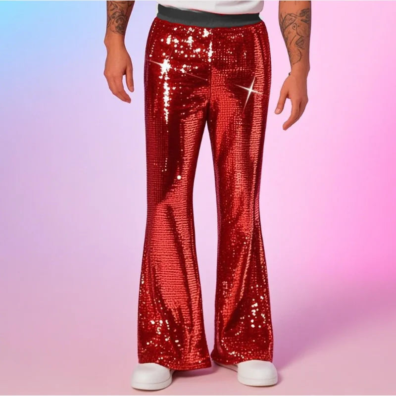 Men's Sequin Flare Pants | Elastic Waist | Stage & Party